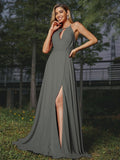 A-Line/Princess Chiffon Ruched Scoop Sleeveless Sweep/Brush Train Bridesmaid Dresses Evening Prom Dress