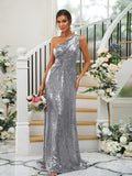 Sheath/Column Sequins Ruched One-Shoulder Sleeveless Sweep/Brush Train Bridesmaid Dresses Evening Dress