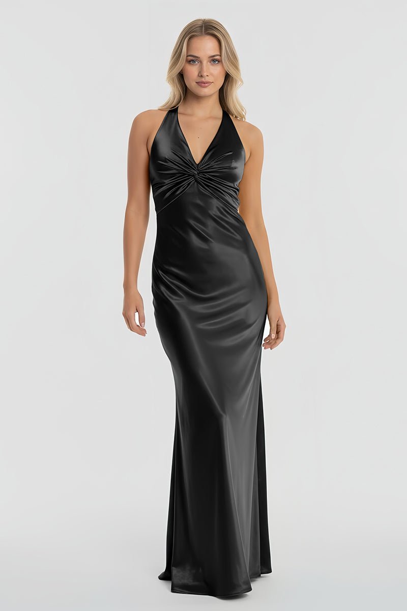Turquoise - Halter V-Neck Pleated Satin Sleeveless Long Prom Party Dress