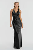 Turquoise - Halter V-Neck Pleated Satin Sleeveless Long Prom Party Dress