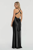 Turquoise - Halter V-Neck Pleated Satin Sleeveless Long Prom Party Dress