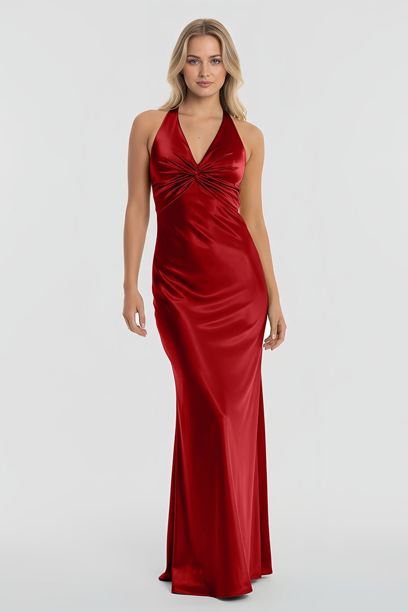Turquoise - Halter V-Neck Pleated Satin Sleeveless Long Prom Party Dress