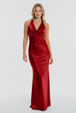 Turquoise - Halter V-Neck Pleated Satin Sleeveless Long Prom Party Dress