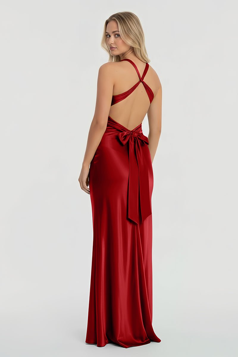 Turquoise - Halter V-Neck Pleated Satin Sleeveless Long Prom Party Dress