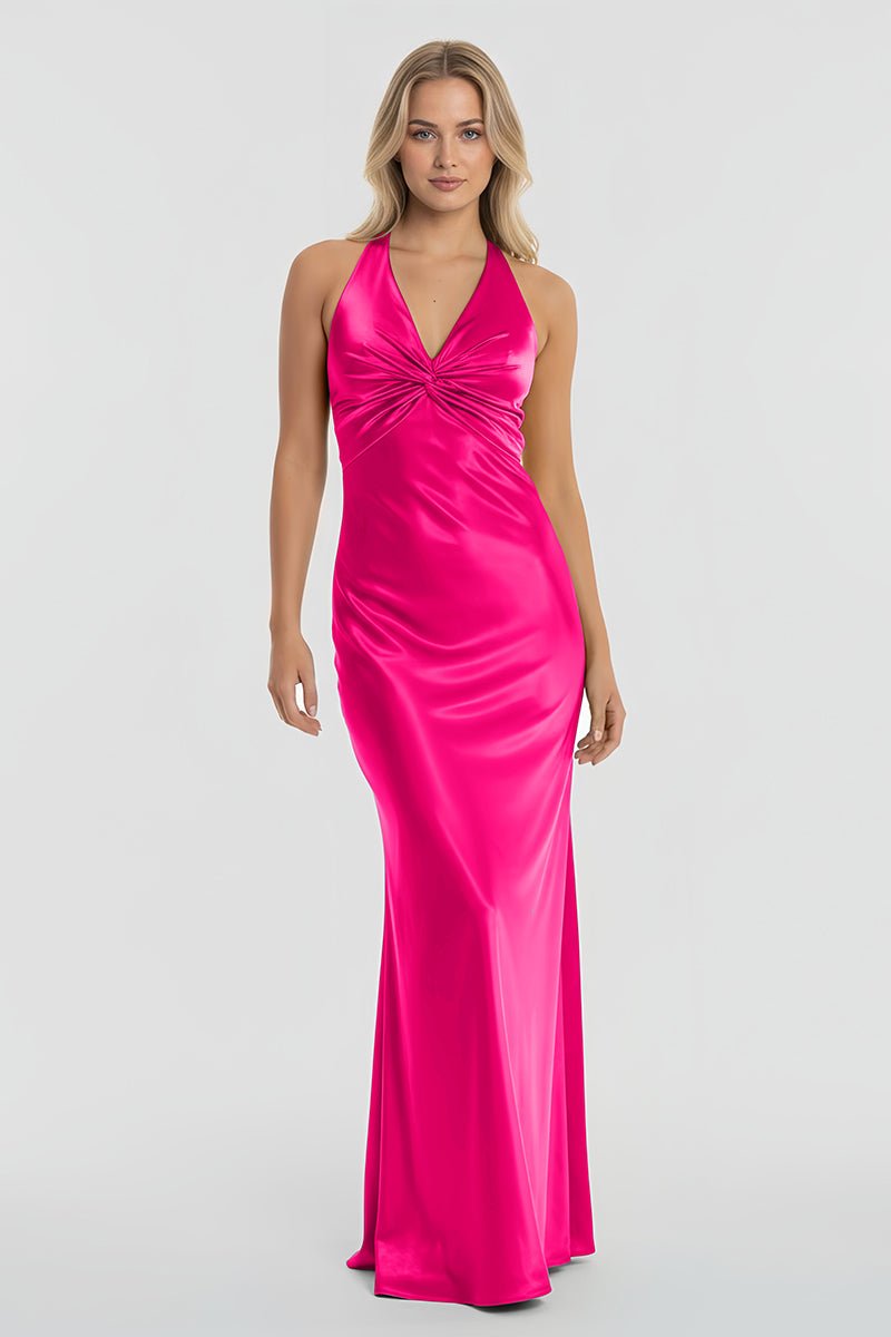 Turquoise - Halter V-Neck Pleated Satin Sleeveless Long Prom Party Dress