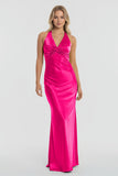 Turquoise - Halter V-Neck Pleated Satin Sleeveless Long Prom Party Dress