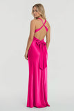 Turquoise - Halter V-Neck Pleated Satin Sleeveless Long Prom Party Dress