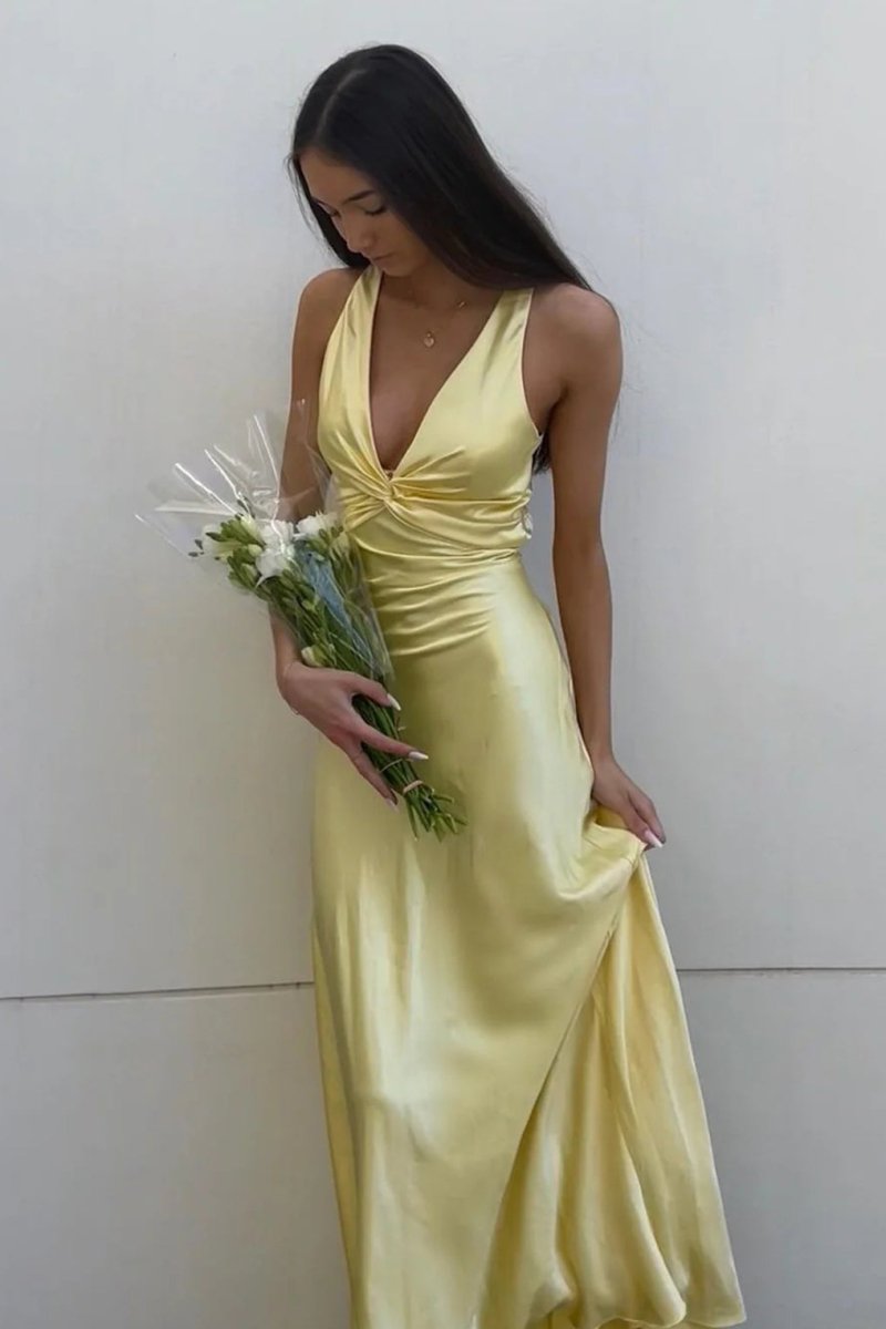 Turquoise - Halter V-Neck Pleated Satin Sleeveless Long Prom Party Dress