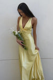 Turquoise - Halter V-Neck Pleated Satin Sleeveless Long Prom Party Dress