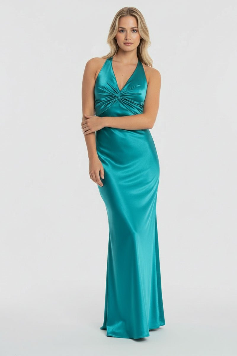 Turquoise - Halter V-Neck Pleated Satin Sleeveless Long Prom Party Dress