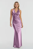 Turquoise - Halter V-Neck Pleated Satin Sleeveless Long Prom Party Dress
