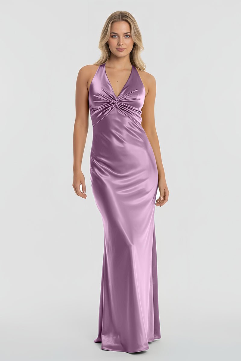 Turquoise - Halter V-Neck Pleated Satin Sleeveless Long Prom Party Dress