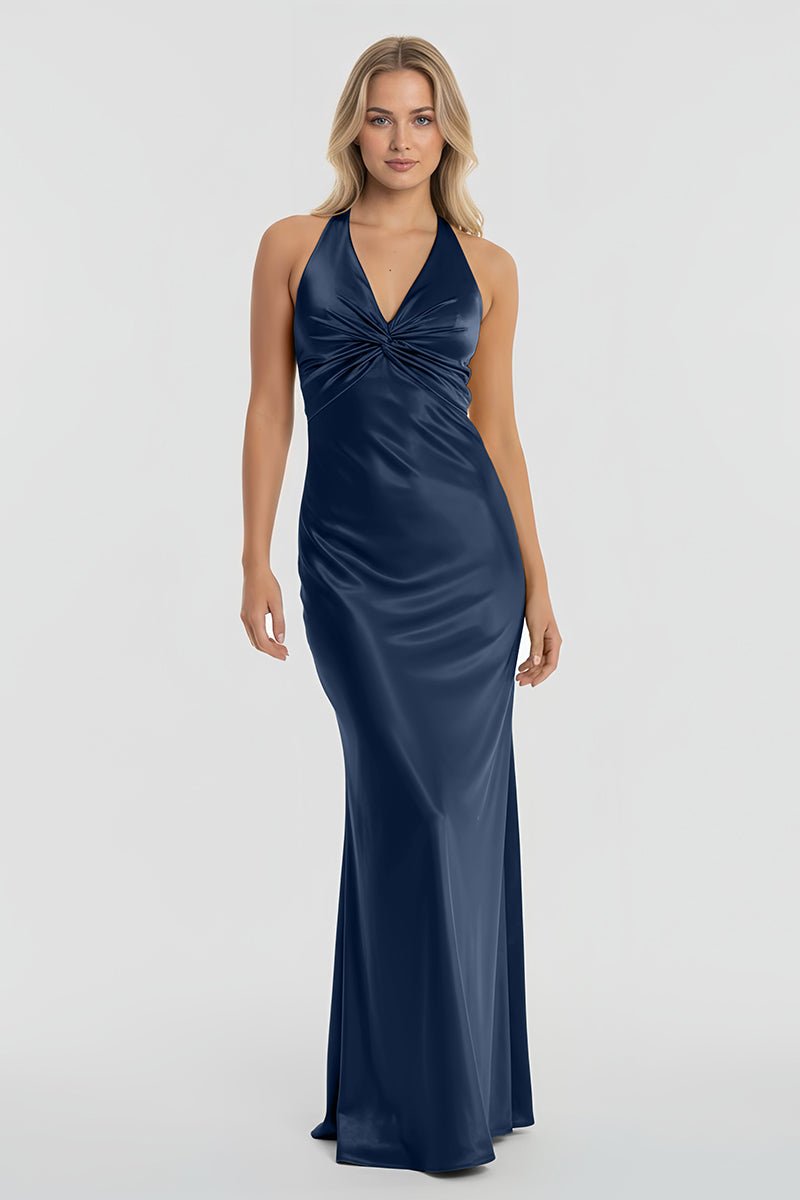 Turquoise - Halter V-Neck Pleated Satin Sleeveless Long Prom Party Dress