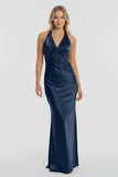 Turquoise - Halter V-Neck Pleated Satin Sleeveless Long Prom Party Dress