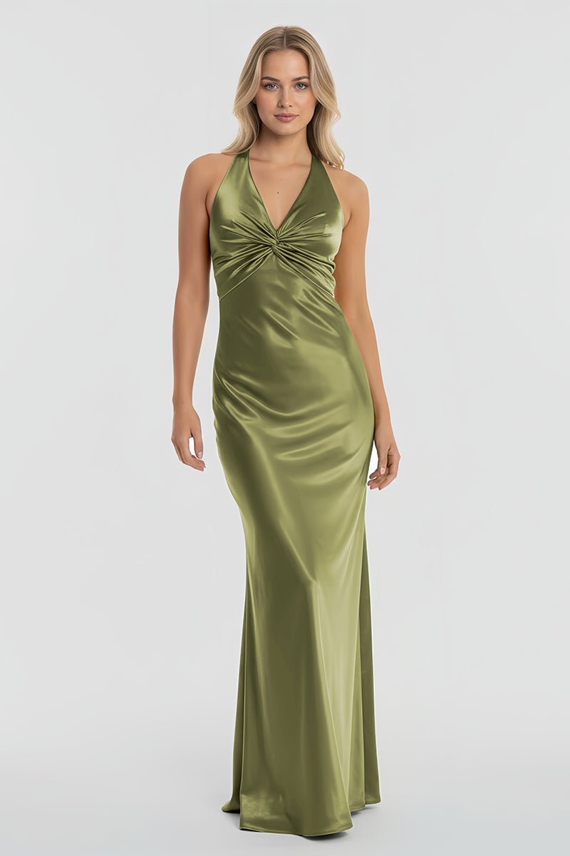 Turquoise - Halter V-Neck Pleated Satin Sleeveless Long Prom Party Dress