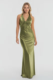 Turquoise - Halter V-Neck Pleated Satin Sleeveless Long Prom Party Dress