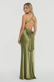 Turquoise - Halter V-Neck Pleated Satin Sleeveless Long Prom Party Dress