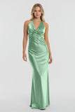 Turquoise - Halter V-Neck Pleated Satin Sleeveless Long Prom Party Dress