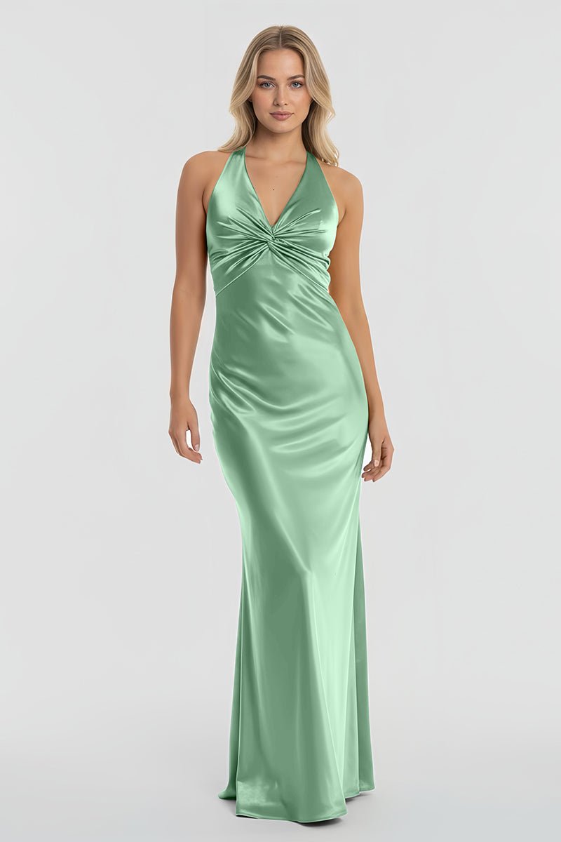 Turquoise - Halter V-Neck Pleated Satin Sleeveless Long Prom Party Dress