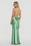 Turquoise - Halter V-Neck Pleated Satin Sleeveless Long Prom Party Dress