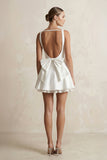 Boat Neck Satin Ruffled Mini Wedding Dress in White