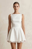 Boat Neck Satin Ruffled Mini Wedding Dress in White