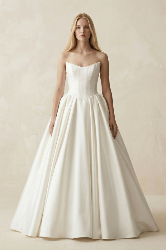 Strapless A-Line Ball Gown Satin Corset Wedding Dress in Ivory