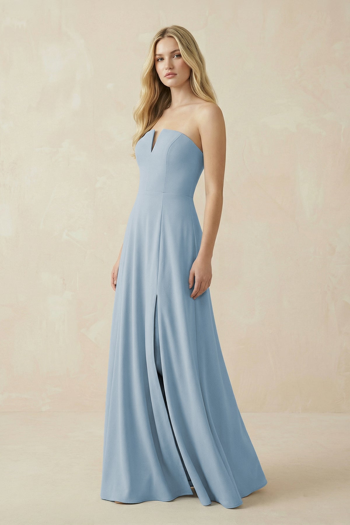 Strapless A-Line Chiffon Bridesmaid Dress With Slit in Dusty Blue