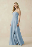 Strapless A-Line Chiffon Bridesmaid Dress With Slit in Dusty Blue