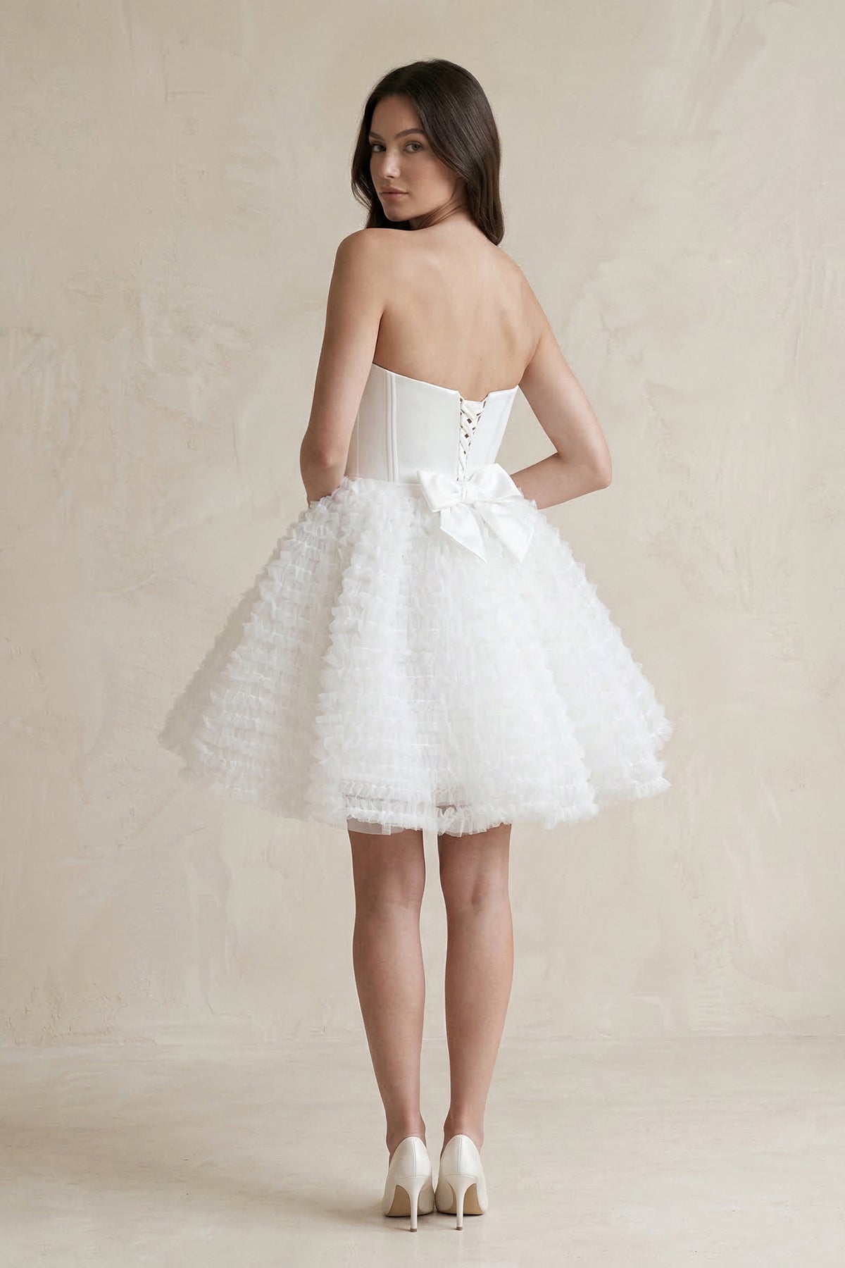 Strapless A-Line Corset Ruffled Tulle Wedding Dress in White