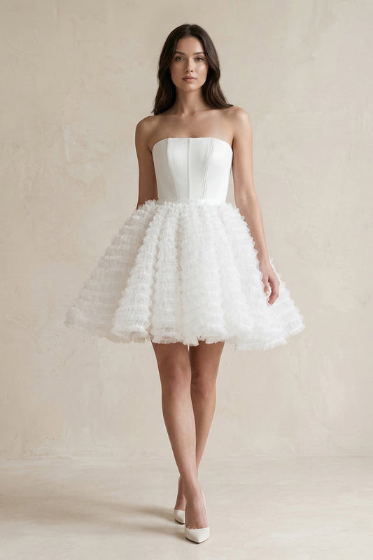 Strapless A-Line Corset Ruffled Tulle Wedding Dress in White