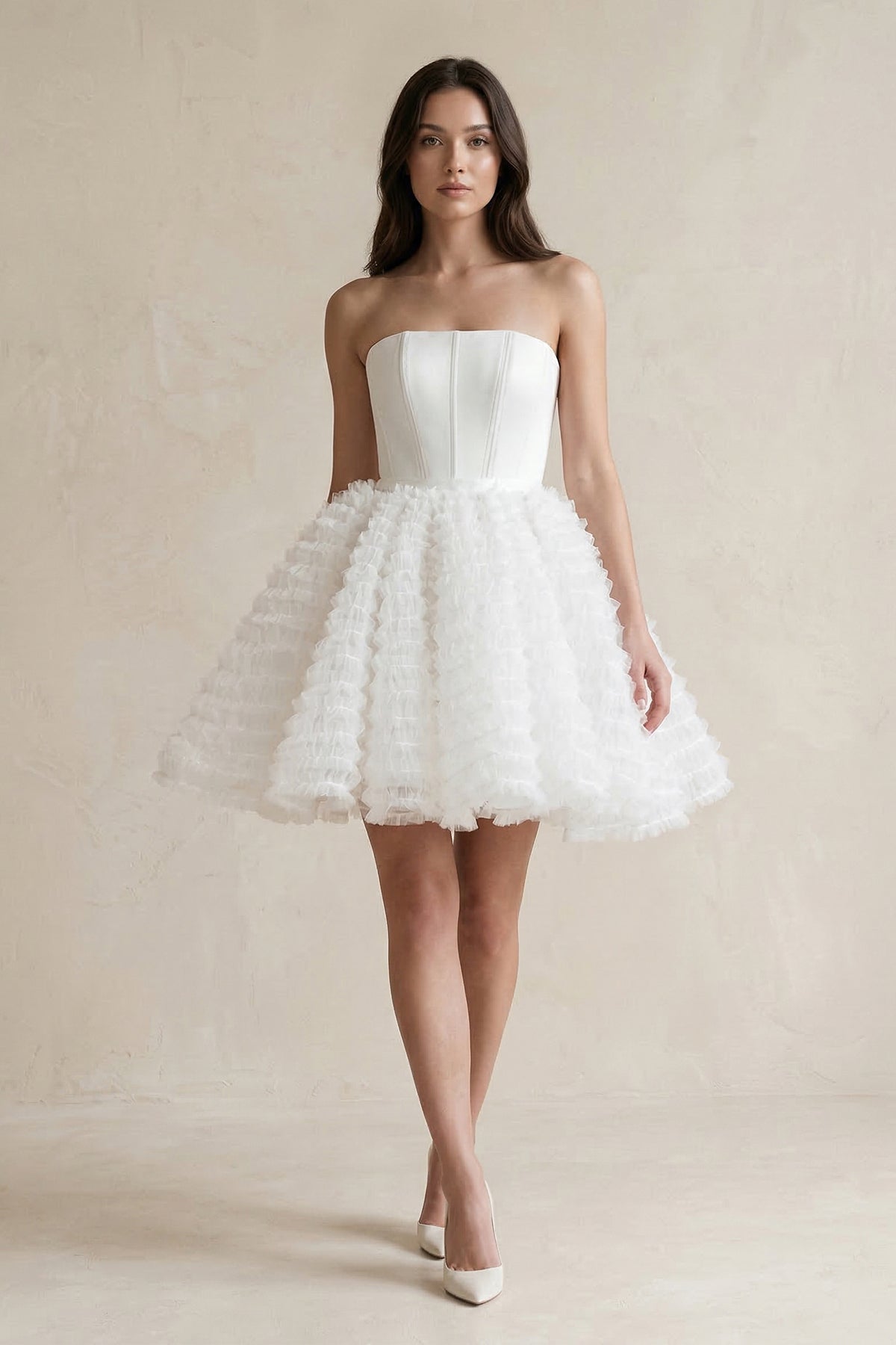 Strapless A-Line Corset Ruffled Tulle Wedding Dress in White
