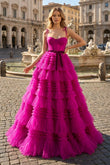 A Line Strapless Fuchsia Tiered Long Tulle Prom Dress