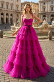 A Line Strapless Fuchsia Tiered Long Tulle Prom Dress