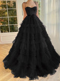 A Line Strapless Fuchsia Tiered Long Tulle Prom Dress
