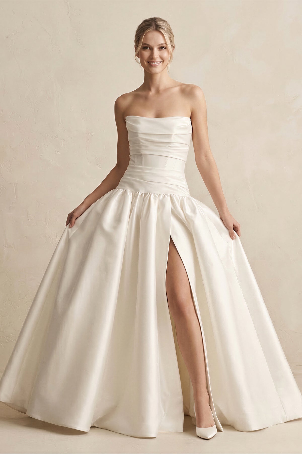 Strapless Satin Ball Gown Wedding Dress with Slit in Ivory
