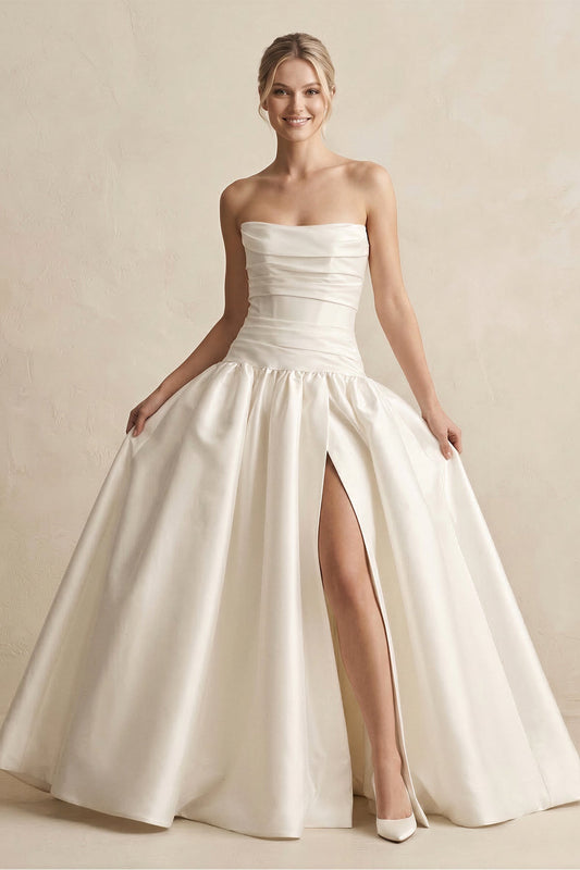 Strapless Satin Ball Gown Wedding Dress with Slit in Ivory