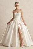 Strapless Satin Ball Gown Wedding Dress with Slit in Ivory