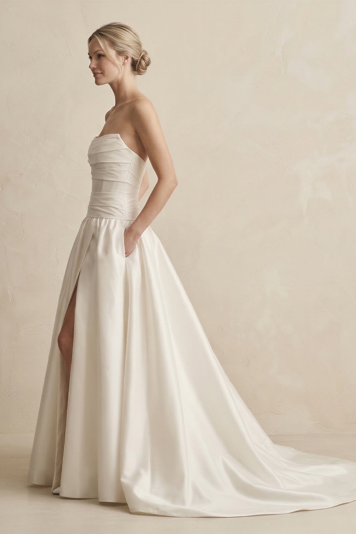 Strapless Satin Ball Gown Wedding Dress with Slit in Ivory
