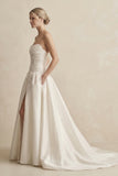 Strapless Satin Ball Gown Wedding Dress with Slit in Ivory