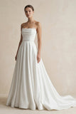 Strapless A-Line Satin Ruched Wedding Dress in White