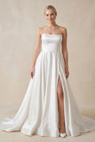 Strapless A-Line Satin Wedding Dress with Slit in White