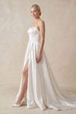 Strapless A-Line Satin Wedding Dress with Slit in White