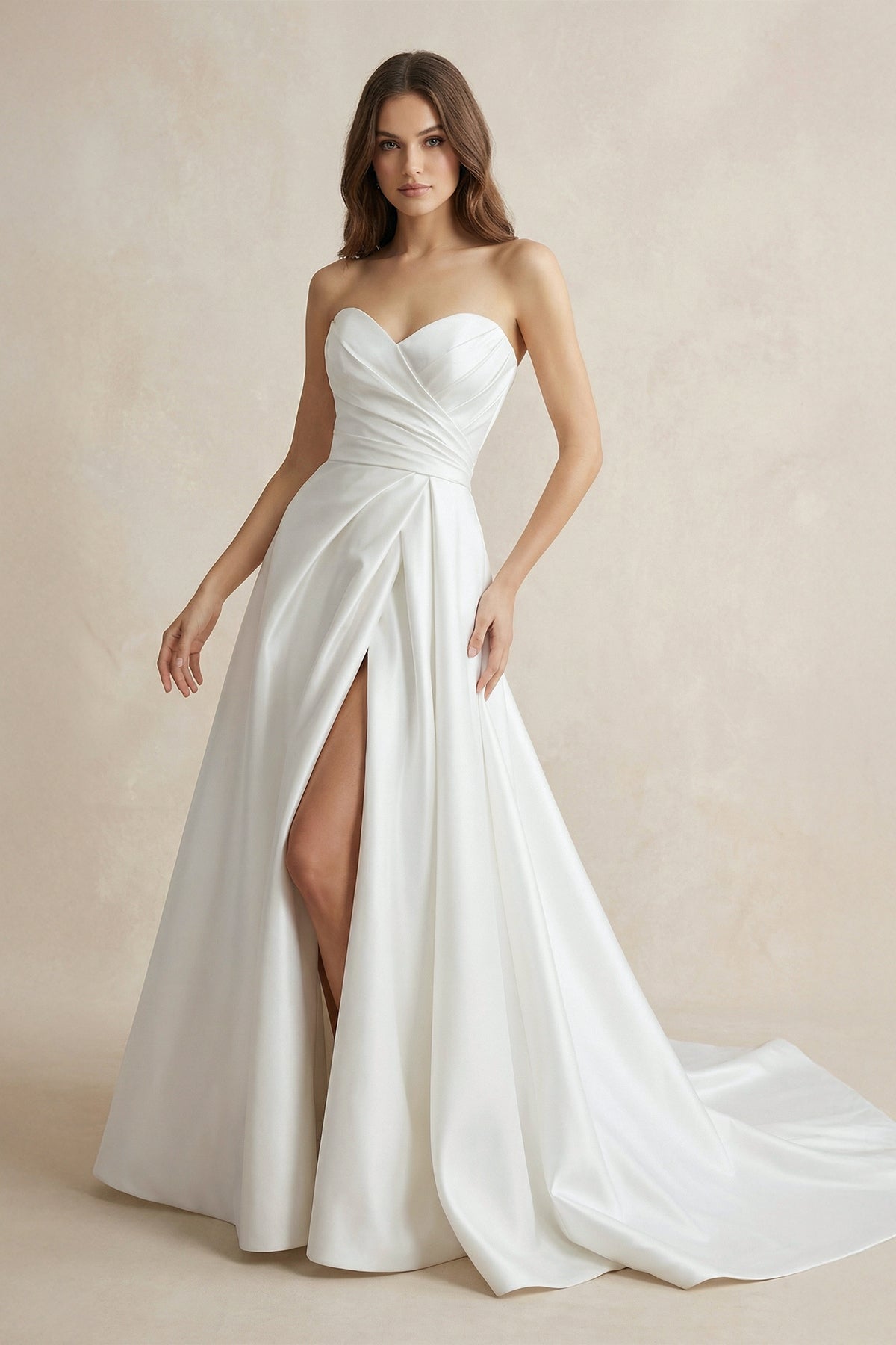 Strapless A Line Satin Ruched Wedding Dress With Slit