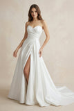 Strapless A Line Satin Ruched Wedding Dress With Slit