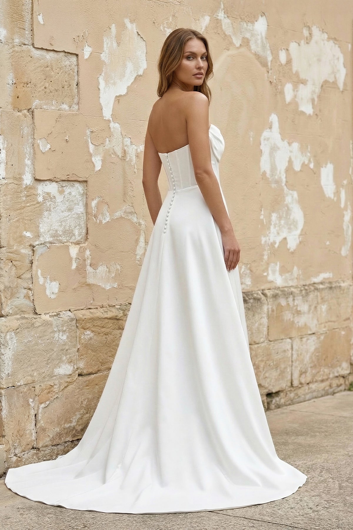 Sheath Strapless White Satin Wedding Dresses with Slit