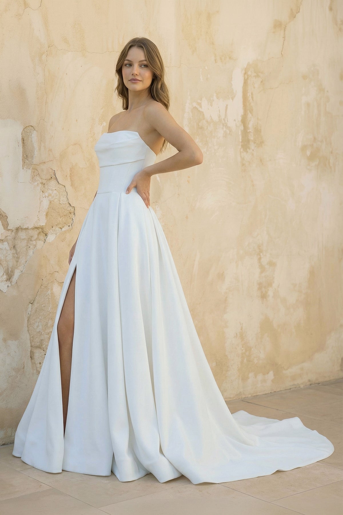 Strapless Sleeveless  Sweep Train Satin Wedding Dresses With Split Front