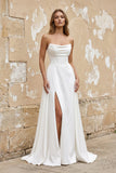 Sheath Strapless White Satin Wedding Dresses with Slit