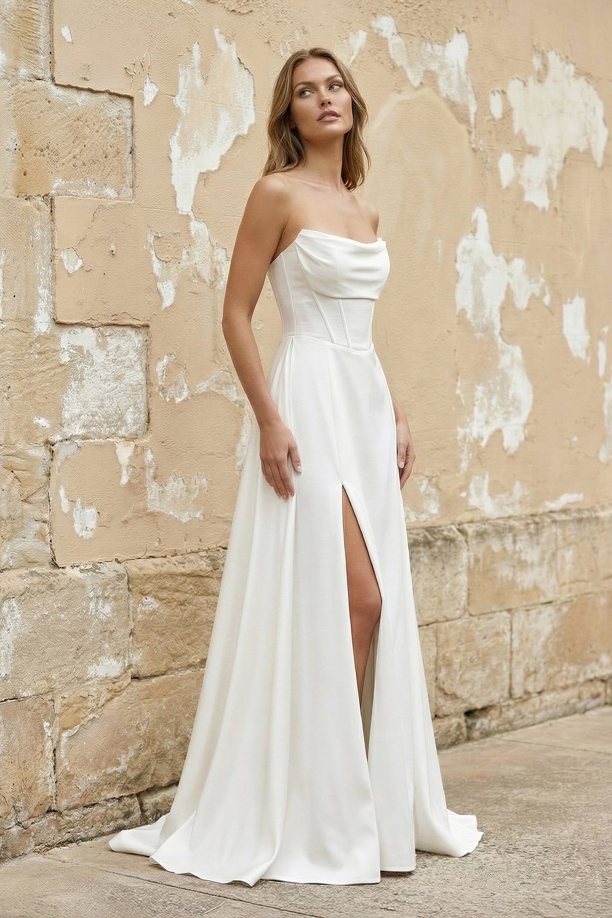 Sheath Strapless White Satin Wedding Dresses with Slit