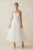 Strapless A Line Tulle Midi Wedding Dress in White